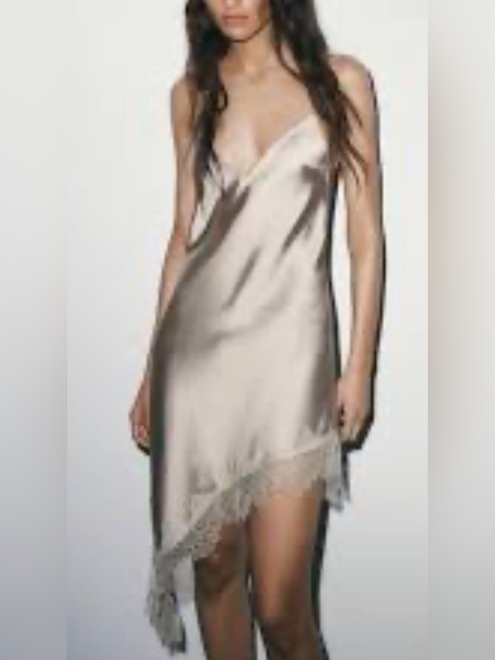 Zara Champagne Satin Asymmetric Lace-Trim Slip dress